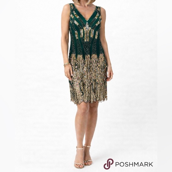 Emerald Green Art Deco Beaded Shift Dress | Gatsby Cocktail Evening - Picture 2 of 4